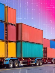 Cargo containers truck driving through industrial port, focus on all objects with deep depth of field, suitable for text, copy space available.