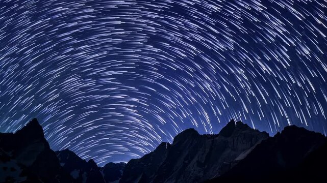Star trails arc across the night sky above silhouetted Dolomite peaks. Circular patterns of celestial movement create a mesmerizing display.