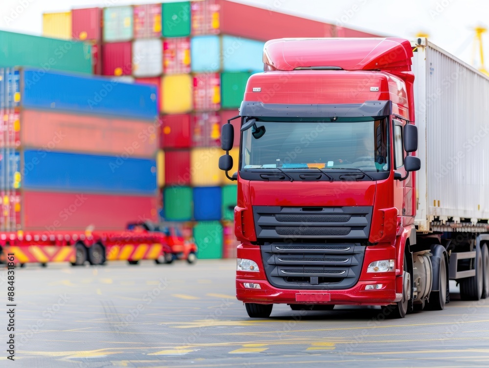 Poster busy port scene with truck navigating efficiently, ideal for cargo transport. ample copy space, deep