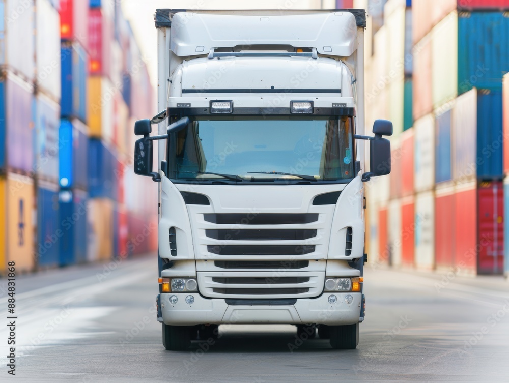 Poster busy port with truck navigating efficiently, suitable for cargo transport, ample copy space, deep de
