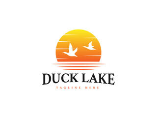 duck lake logo vector illustration. sunset silhouette duck logo template