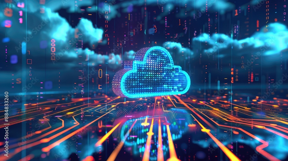 Poster cloud web storage for global social media data, ai server with binary code background