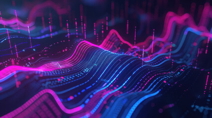 An abstract financial chart, dynamic curves in blue and magenta, glowing with intensity, set against a dark, high-tech background filled with data points and charts