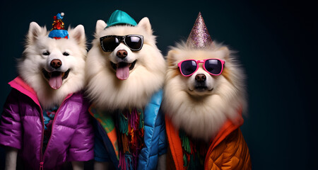 Obraz premium Creative animal concept. Group of Samoyed dog puppy in funky Wacky wild mismatch colourful outfits on bright background advertisement, copy space. birthday party invite invitation banner 