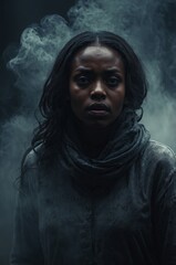 Fototapeta premium Horrified black girl Otherworldly smoke and mist Cinematic horror movie style concept Foggy dark paranormal background Halloween themed Back light glowing ghostly mood.