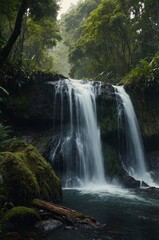 Fototapeta premium Beautiful views of the waterfall surrounded by dense forest.