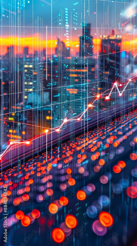 Poster dynamic financial trading chart over urban skyline at dusk with digital data visualization and bokeh