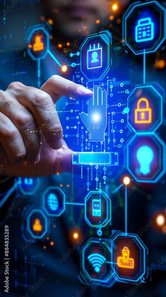 Poster businessman interacting with futuristic cybersecurity interface displaying data protection icons at 