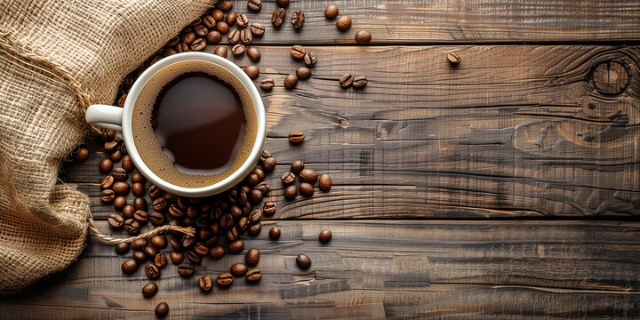 Tasse Kaffe auf Hintergrund aus Holz mit Deko herum. Werbebanner Karte