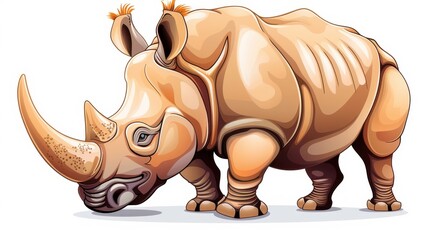 Fototapeta premium Colorful cartoon illustration of a rhino grazing with prominent large horns, depicting its strong and majestic nature.