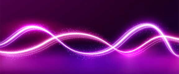 Two abstract pink neon wave lines with bright light glow effect and magic shimmer dust on dark background. Abstract realistic vector bg with curve energy streak swoosh. Wavy luminous laser fiber.
