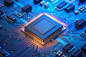 powerful computer processor microchip with the word representing artificial intelligence, AI technology