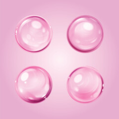 Pink collagen cell for skin care concept. Realistic 3d vector illustration set of transparent oil ball drop. liquid cosmetic sphere for face and body moisture essence or vitamin product design.
