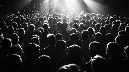 Obraz premium A black and white photograph of a bustling crowd with bright camera flashes, peopleâ€™s outlines barely visible, background in deep shadows