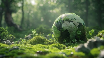 Moss-Covered Earth Model in Lush Forest Captured on a Serene Summer Morning