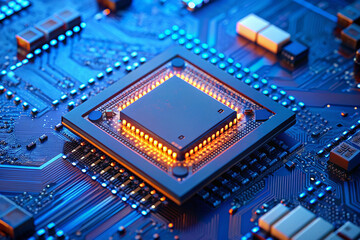 powerful computer processor microchip with the word representing artificial intelligence, AI technology