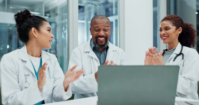 Doctors, high five and people celebration with laptop, medical success and research with IRB approval. Boardroom, excited employees and healthcare goals, applause and professional collaboration