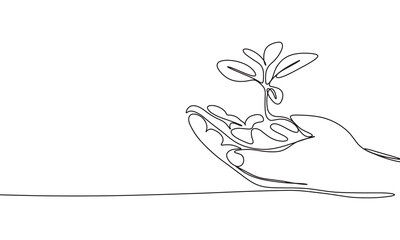 Plant in hands one line continuous. Line art sprout in hands. Hand drawn vector art.