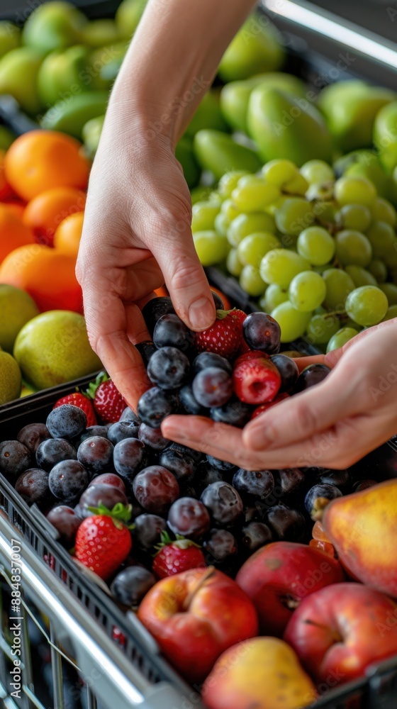 Poster retail assistant arranging seasonal fruits in trolley for display, fresh food selection with copy sp