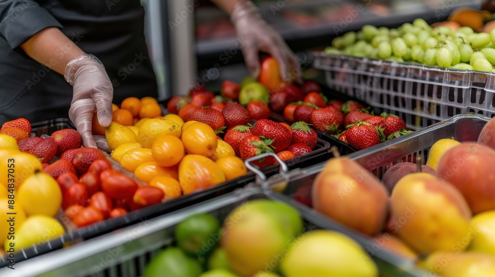 Poster fresh seasonal fruits arranged in trolley for display with copy space, focus on objects, deep depth 