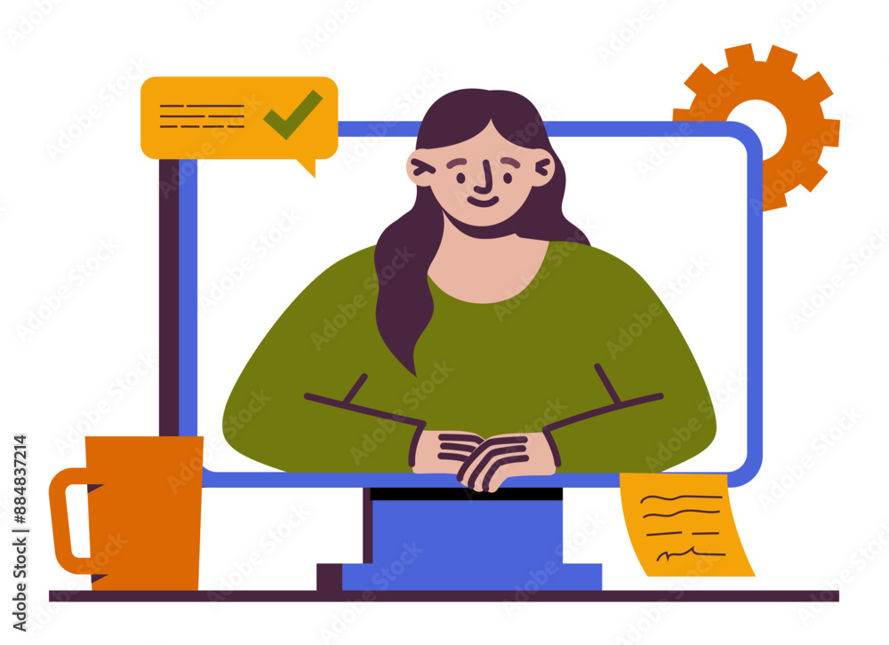 Poster Call service. Woman assistant. Online customer support. Computer screen at desk. Ask question. Internet communication with clients. Help with answer. Hotline feedback. Vector concept