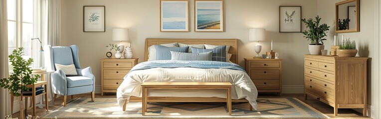 A bright and inviting bedroom with a large bed, blue armchair, and wooden furniture. The room has a modern, minimalist feel with a touch of natural elements