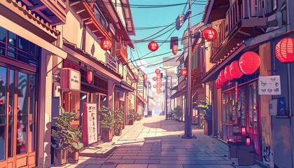 empty Streets in China and Japan on holiday, anime style cartoon