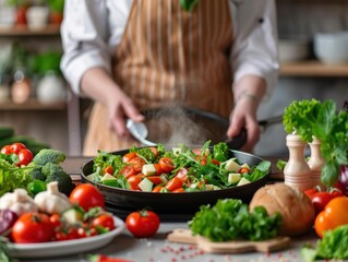 Live cooking show promoting food products on an internet marketplace, retail setting with copy space, focus on objects, deep depth of field.