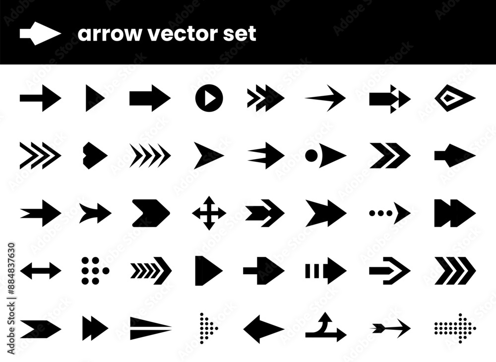 Poster Arrow icons. Up and down symbols. Modern right or left direction. Round play button. Black silhouette pointer. Circle sign. Way pointing. Abstract flat shapes. Vector swipe pictograms set