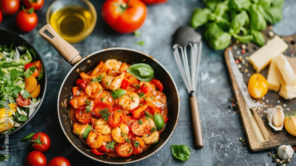 Poster live cooking show promoting food products on internet marketplace, engaging setup with copy space, c