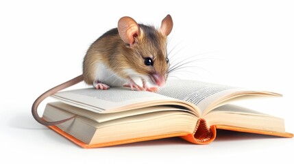 Fototapeta premium Adorable image of a curious mouse examining an open book, highlighting themes of curiosity, education, and small animals in literature.