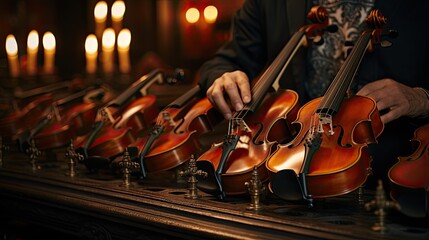 Fototapeta premium Close-up of delicate fingers on violin strings during a complex classical piece, focus on the handcrafted wood and fine details 