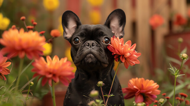 A black French Bulldog puppy with an orange flower