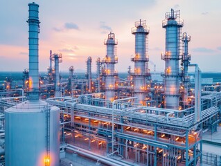 Oil refinery time-lapse with rising stock prices, crude rate increase, industrial progress, copy space, deep depth of field.