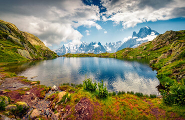 Wonderful morning view of Lac Blanc lake with Mont Blanc peak on background, Chamonix location....