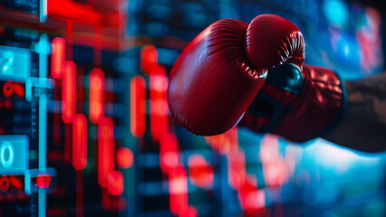 Boxing gloves with virtual bar graph. Digital marketing concept.