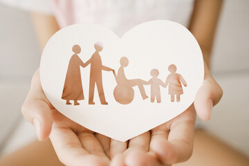 Hands holding diversity family in heart shape, happy carer and volunteer, disable nursing home,...