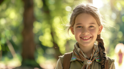 Smiling girl scout outdoors with sunlight filtering through trees in the background. Youth leadership, outdoor activities, nature exploration, building confidence, teamwork, summer camp concept.