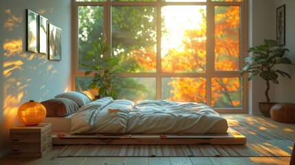 Cozy bedroom with sunlit autumn view - generative ai