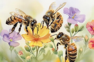 Naklejka premium Bees gathering nectar, vibrant garden, celebrating Labor Day, Watercolor style