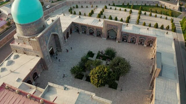 Aerial view of Registan Square in Samarkand Uzbekistan during sunset