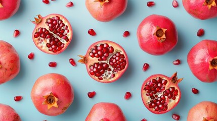 whole and halved pomegranates on a pastel background