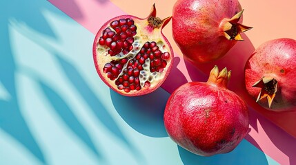 whole and halved pomegranates on a pastel background