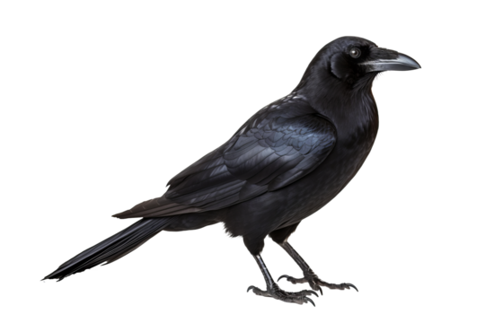 High-resolution image of a crow with wings slightly spread, isolated on a transparent background, perfect for graphic design and artistic projects.
