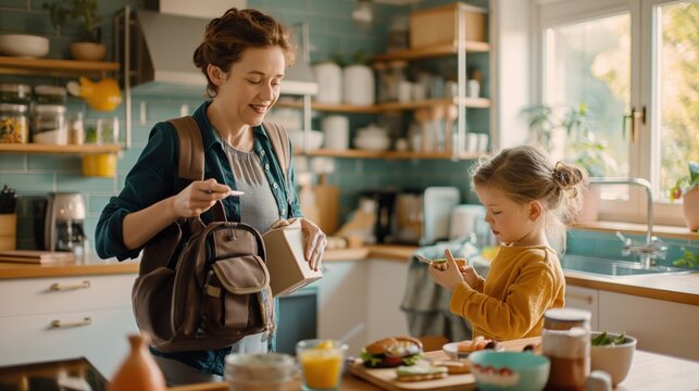 Loving Mother Packing Lunch for Daughter: Heartwarming Family Moment in Kitchen with Nikon D850