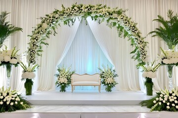 Elegant white wedding ceremony backdrop with beautiful floral arrangements