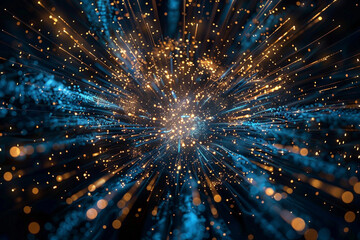 Fototapeta premium A burst of blue and gold particles resembling a firework display, with each particle exploding outward and leaving a trail of shimmering light in the darkness
