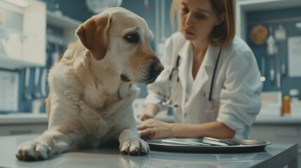 Veterinarian examining a Labrador Retriever in a clinic, caring for the dog and ensuring its health, close-up view.