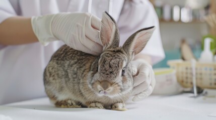 Veterinarian examining a rabbit in a clinic, ensuring its health and well-being under professional care.