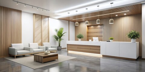 Sleek minimalist white reception area of modern medical office hospital features clean lines, wooden accents, and stylish furniture in a serene and calming atmosphere.